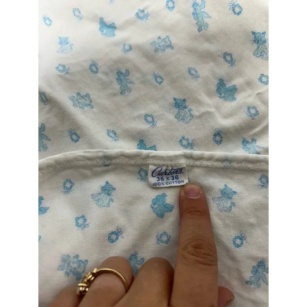Vintage Carters Cotton Baby Blanket Blue White Wreaths Bunnies Dogs Cats